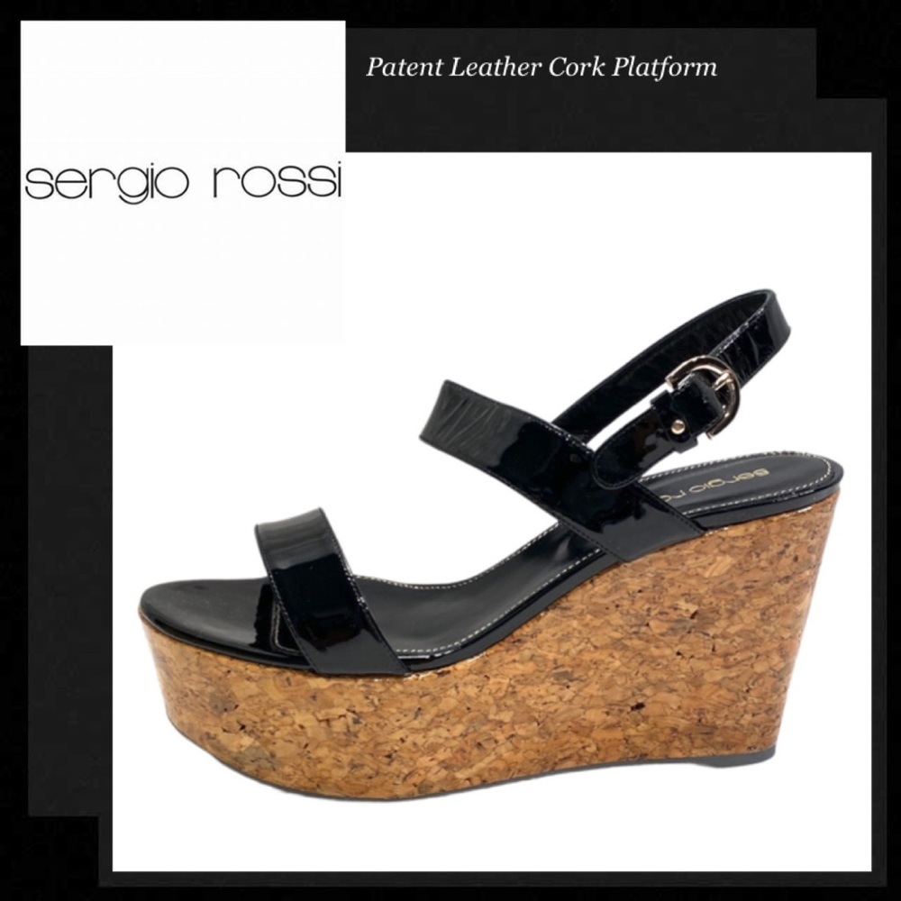 SERGIO ROSSI Black Patent Leather Cork Platform Sandals